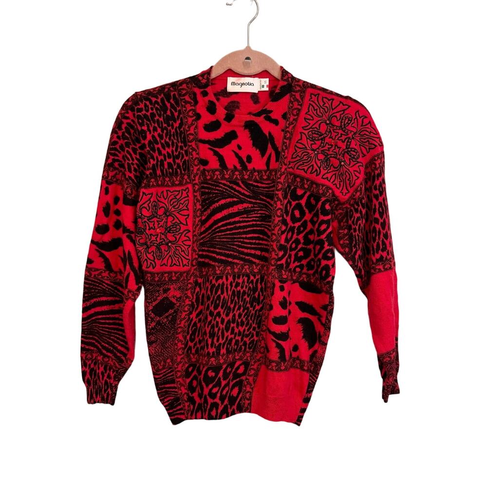 Magnolia Sweater Women S Cozy Knit Animal Print Squares Wool Blend Top Red Black